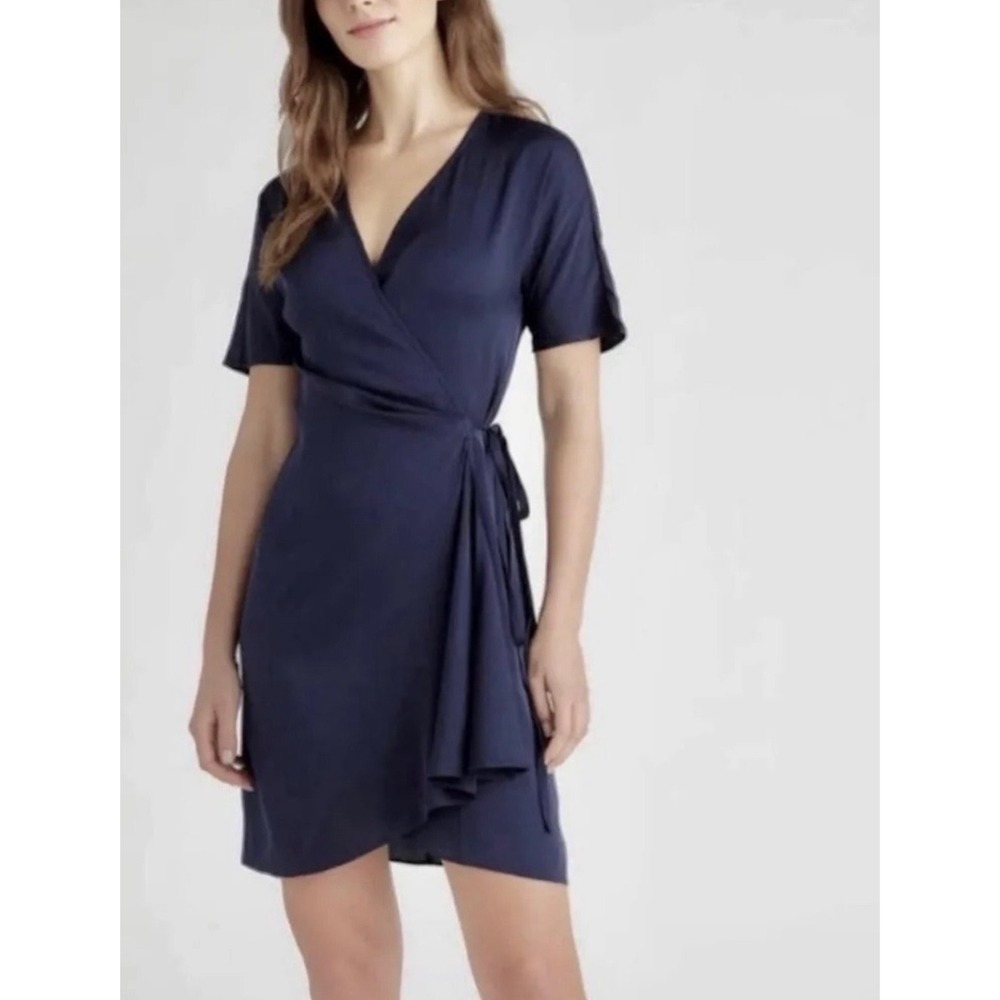 Quince Silk Mini Wrap Dress Navy Blue Sz Large NWT